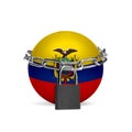 Planet colored in Colombia flag, locking with chain. Countries lockdown during coronavirus, COVID spreading