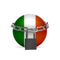 Planet colored in Ireland flag, locking with chain. Countries lockdown during coronavirus, COVID spreading