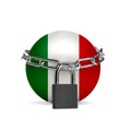 Planet colored in Italy flag, locking with chain. Countries lockdown during coronavirus, COVID spreading