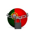 Planet colored in Portugal flag, locking with chain. Countries lockdown during coronavirus, COVID spreading