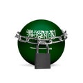 Planet colored in Saudi Arabia flag, locking with chain. Countries lockdown during coronavirus, COVID spreading