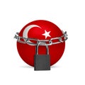 Planet colored in Turkey flag, locking with chain. Countries lockdown during coronavirus, COVID spreading