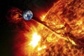 Planet Earth against the backdrop of a giant sun, the concept of solar activity, geomagnetic storm.