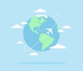 Planet Earth with an airplane flying around it and clouds on a blue background. Flat vector illustration Royalty Free Stock Photo