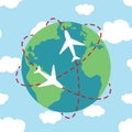 planet Earth airplane route path globe on the blue sky with clouds travel map illustration vector Royalty Free Stock Photo