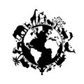 Planet Earth with animals and humans black silhouette icon vector Royalty Free Stock Photo