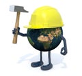 Planet earth with arms, legs, work helmet and hammer on hand