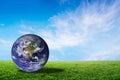 Planet earth beautiful on green grass with cloud sky, world with conservation Royalty Free Stock Photo