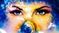 Planet Earth and blue human eye with violet and pink day makeup. woman eye painting