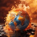 Planet earth burning in flames. Global warming concept. Generative Ai.