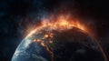 Planet Earth burning in space urgency of climate change & its haunting reality.