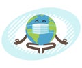 Planet Earth character with medical mask meditating. Gobe relax in lotus yoga pose