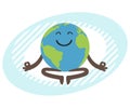 Planet Earth character meditating. globe relax in lotus yoga pose