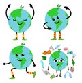 Planet Earth character set. Cartoon happy and unhappy planets. Clean planet and polluted planet without forest breathing