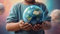 Planet Earth in the children& x27;s hands of a beautiful touching baby. Royalty Free Stock Photo