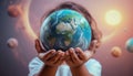 Planet Earth in the children& x27;s hands of a beautiful touching baby. Royalty Free Stock Photo