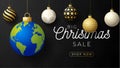 Planet earth Christmas ball card. Merry Christmas world greeting card. Hang on a thread earth planet as a xmas ball bauble on Royalty Free Stock Photo