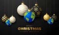 Planet earth Christmas ball card. Merry Christmas world greeting card. Hang on a thread earth planet as a xmas ball bauble on Royalty Free Stock Photo