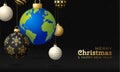 Planet earth Christmas ball card. Merry Christmas world greeting card. Hang on a thread earth planet as a xmas ball bauble on Royalty Free Stock Photo