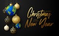 Planet earth Christmas ball card. Merry Christmas world greeting card. Hang on a thread earth planet as a xmas ball bauble on Royalty Free Stock Photo