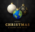 Planet earth Christmas ball card. Merry Christmas world greeting card. Hang on a thread earth planet as a xmas ball bauble on Royalty Free Stock Photo