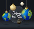Planet earth Christmas sale banner or greeting card. Merry Christmas and happy new year sport banner with glassmorphism or glass- Royalty Free Stock Photo