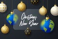 Planet earth Christmas sale banner or greeting card. Merry Christmas and happy new year sport banner with glassmorphism or glass- Royalty Free Stock Photo