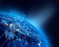 Planet Earth, city lights and worldwide network growing data