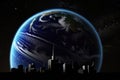 Planet earth and city skyline in space