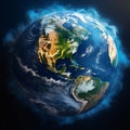 Planet Earth with clouds in blue space. 3D illustration with detailed planet surface Royalty Free Stock Photo