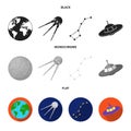 Planet Earth with continents and oceans, flying satellite, Ursa Major, UFO. Space set collection icons in black, flat