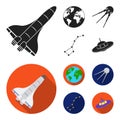 Planet Earth with continents and oceans, flying satellite, Ursa Major, UFO. Space set collection icons in black,flat