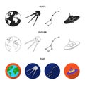 Planet Earth with continents and oceans, flying satellite, Ursa Major, UFO. Space set collection icons in black,flat