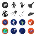 Planet Earth with continents and oceans, flying satellite, Ursa Major, UFO. Space set collection icons in black,flet