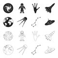 Planet Earth with continents and oceans, flying satellite, Ursa Major, UFO. Space set collection icons in black,outline