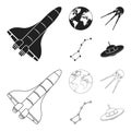 Planet Earth with continents and oceans, flying satellite, Ursa Major, UFO. Space set collection icons in black, outline