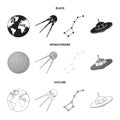 Planet Earth with continents and oceans, flying satellite, Ursa Major, UFO. Space set collection icons in black