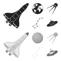 Planet Earth with continents and oceans, flying satellite, Ursa Major, UFO. Space set collection icons in black