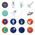 Planet Earth with continents and oceans, flying satellite, Ursa Major, UFO. Space set collection icons in cartoon,flat
