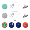 Planet Earth with continents and oceans, flying satellite, Ursa Major, UFO. Space set collection icons in cartoon,flat