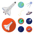 Planet Earth with continents and oceans, flying satellite, Ursa Major, UFO. Space set collection icons in cartoon,flat