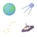 Planet Earth with continents and oceans, flying satellite, Ursa Major, UFO. Space set collection icons in cartoon style