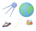Planet Earth with continents and oceans, flying satellite, Ursa Major, UFO. Space set collection icons in cartoon style