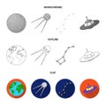 Planet Earth with continents and oceans, flying satellite, Ursa Major, UFO. Space set collection icons in flat,outline