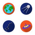 Planet Earth with continents and oceans, flying satellite, Ursa Major, UFO. Space set collection icons in flat style