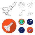 Planet Earth with continents and oceans, flying satellite, Ursa Major, UFO. Space set collection icons in outline,flat