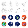 Planet Earth with continents and oceans, flying satellite, Ursa Major, UFO. Space set collection icons in outline,flet