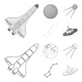 Planet Earth with continents and oceans, flying satellite, Ursa Major, UFO. Space set collection icons in outline