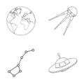 Planet Earth with continents and oceans, flying satellite, Ursa Major, UFO. Space set collection icons in outline style