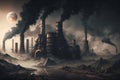 Planet earth is covered in dirty black factories with smoke, created with Generative AI technology